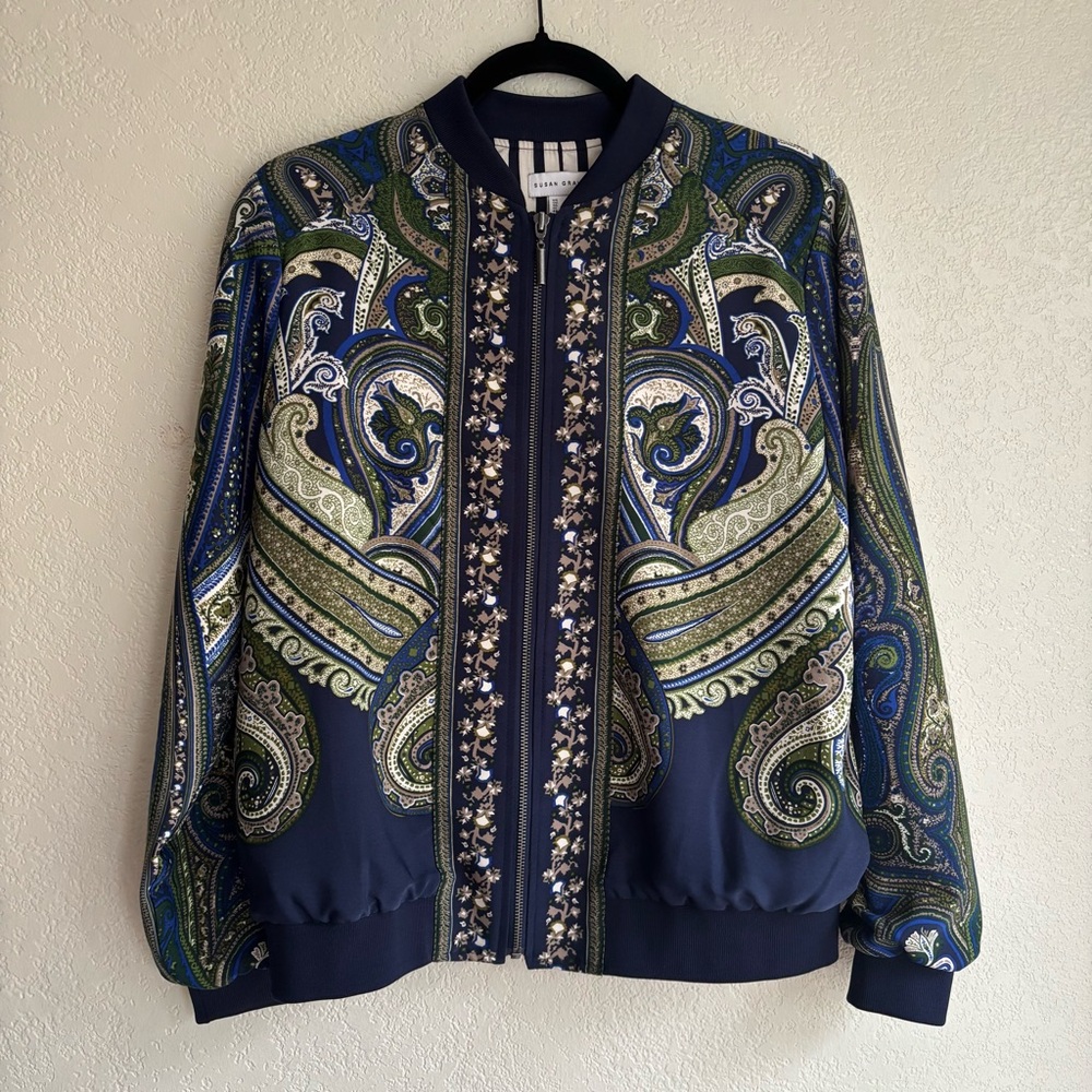 Susan Graver Blue Green Cream Paisley Stripe Zip Up Floral Bomber Jacket Women